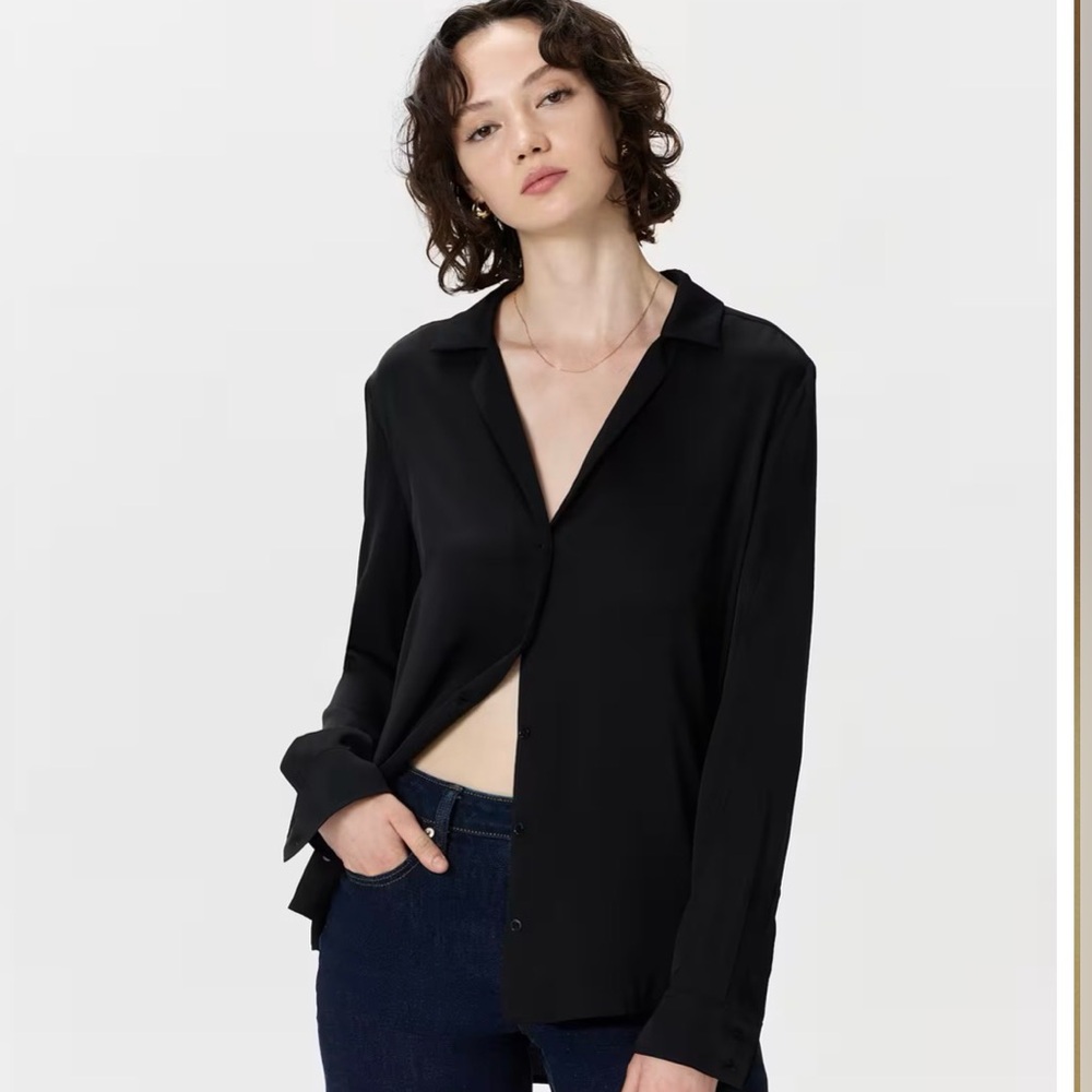 Quince Washable Stretch Silk Notch Collar Blouse – Black